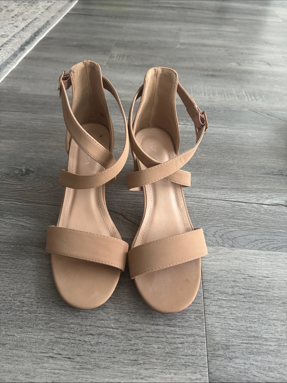 TOP Moda Nude Tan Crisscross Ankle Strap Block Heel Sandals